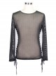 Punk Style Sexy See Through Mesh Side Tie Round Neck Black Long Sleeve T-Shirt