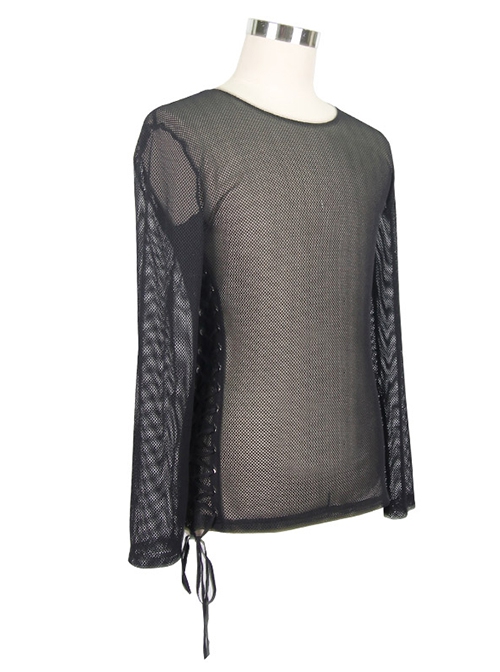 Punk Style Sexy See Through Mesh Side Tie Round Neck Black Long Sleeve T-Shirt