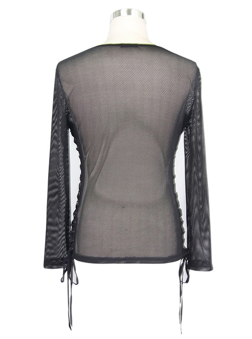 Punk Style Sexy See Through Mesh Side Tie Round Neck Black Long Sleeve T-Shirt