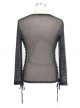 Punk Style Sexy See Through Mesh Side Tie Round Neck Black Long Sleeve T-Shirt