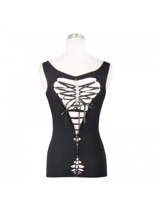 Punk Style Asymmetric Back Hollow Knit Side Metal Chain Black Sleeveless Daily Vest