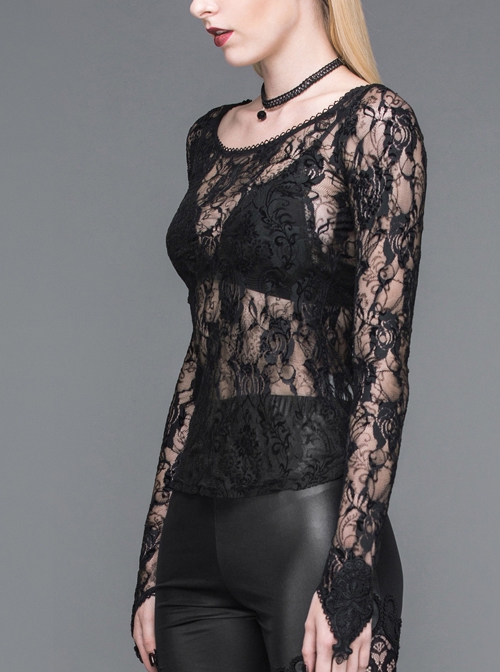 Gothic Style Sexy Flocked Rose Print Front Large Round Neck Black Lace Long Sleeve See Through T-Shirt