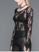 Gothic Style Sexy Flocked Rose Print Front Large Round Neck Black Lace Long Sleeve See Through T-Shirt