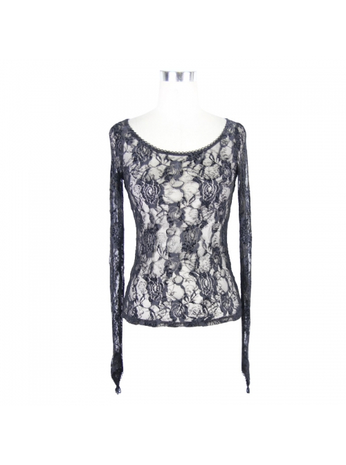 Gothic Style Sexy Flocked Rose Print Front Large Round Neck Black Lace Long Sleeve See Through T-Shirt