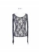 Gothic Style Sexy Flocked Rose Print Front Large Round Neck Black Lace Long Sleeve See Through T-Shirt