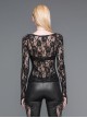 Gothic Style Sexy Flocked Rose Print Front Large Round Neck Black Lace Long Sleeve See Through T-Shirt