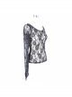 Gothic Style Sexy Flocked Rose Print Front Large Round Neck Black Lace Long Sleeve See Through T-Shirt