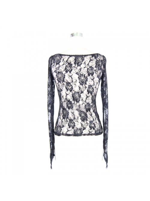 Gothic Style Sexy Flocked Rose Print Front Large Round Neck Black Lace Long Sleeve See Through T-Shirt