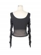 Punk Style Personalized Mesh Splicing Knitted Fabric Chest D Shaped Button Decoration Black Off Shoulder Long Sleeved T-Shirt