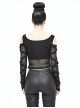 Punk Style Personalized Mesh Splicing Knitted Fabric Chest D Shaped Button Decoration Black Off Shoulder Long Sleeved T-Shirt