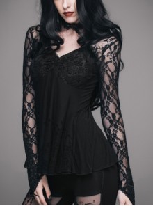 Gothic Rose Flocking Stitching Knitted Fabric Shoulder Cape Design Black Hand Sewn Lace Beaded Long Sleeved T-Shirt