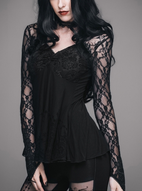 Gothic Rose Flocking Stitching Knitted Fabric Shoulder Cape Design Black Hand Sewn Lace Beaded Long Sleeved T-Shirt