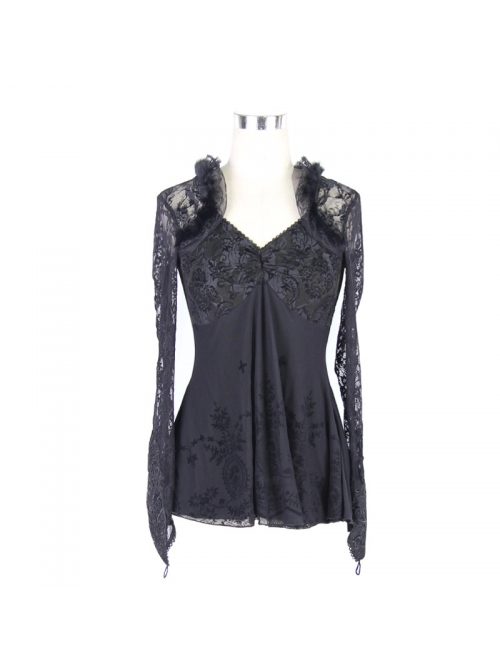 Gothic Rose Flocking Stitching Knitted Fabric Shoulder Cape Design Black Hand Sewn Lace Beaded Long Sleeved T-Shirt