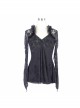 Gothic Rose Flocking Stitching Knitted Fabric Shoulder Cape Design Black Hand Sewn Lace Beaded Long Sleeved T-Shirt