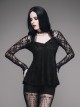 Gothic Rose Flocking Stitching Knitted Fabric Shoulder Cape Design Black Hand Sewn Lace Beaded Long Sleeved T-Shirt