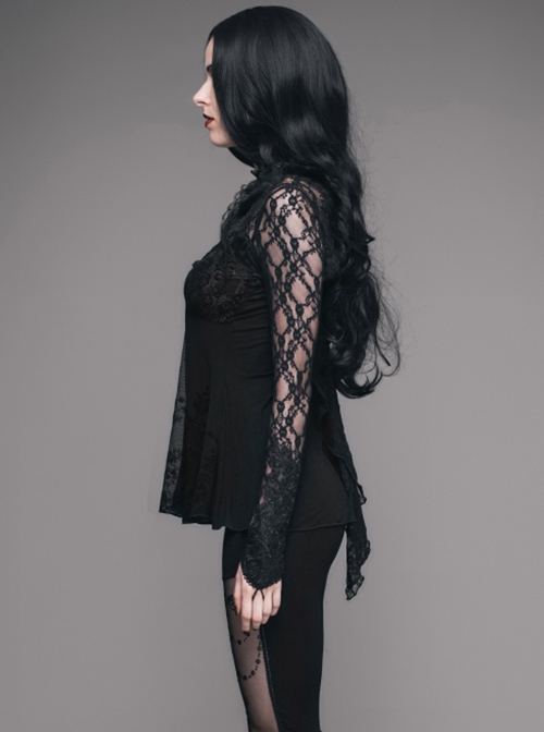 Gothic Rose Flocking Stitching Knitted Fabric Shoulder Cape Design Black Hand Sewn Lace Beaded Long Sleeved T-Shirt