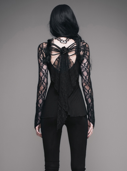 Gothic Rose Flocking Stitching Knitted Fabric Shoulder Cape Design Black Hand Sewn Lace Beaded Long Sleeved T-Shirt