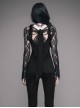 Gothic Rose Flocking Stitching Knitted Fabric Shoulder Cape Design Black Hand Sewn Lace Beaded Long Sleeved T-Shirt