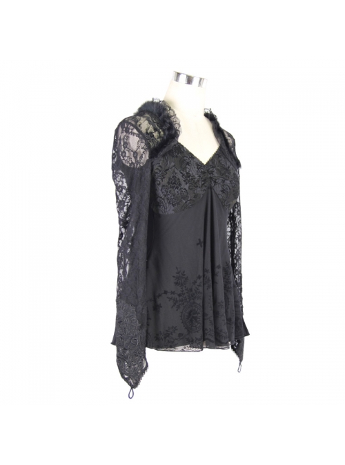 Gothic Rose Flocking Stitching Knitted Fabric Shoulder Cape Design Black Hand Sewn Lace Beaded Long Sleeved T-Shirt