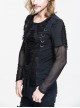 Punk Style Old Fashioned Hole Knitted Patchwork Diamond Mesh Front Center Bow D Shaped Button Decorated Black Long Sleeved T-Shirt