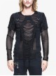 Punk Style Old Fashioned Hole Knitted Patchwork Diamond Mesh Front Center Bow D Shaped Button Decorated Black Long Sleeved T-Shirt