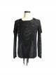 Punk Style Old Fashioned Hole Knitted Patchwork Diamond Mesh Front Center Bow D Shaped Button Decorated Black Long Sleeved T-Shirt