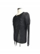 Punk Style Old Fashioned Hole Knitted Patchwork Diamond Mesh Front Center Bow D Shaped Button Decorated Black Long Sleeved T-Shirt