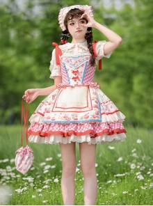 Strawberry Patchwork Series Pastoral Style Cute Red Plaid Floral Sweet Lolita Dress Apron Triangle Scarf Bag Set