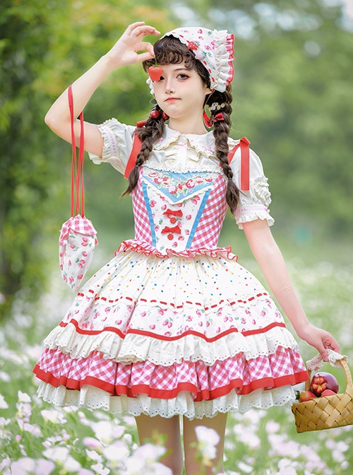 Strawberry Patchwork Series Pastoral Style Cute Red Plaid Floral Sweet Lolita Dress Apron Triangle Scarf Bag Set