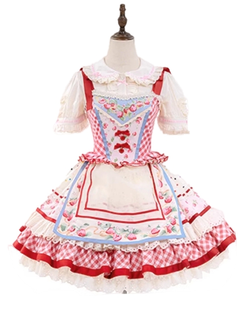 Strawberry Patchwork Series Pastoral Style Cute Red Plaid Floral Sweet Lolita Dress Apron Triangle Scarf Bag Set