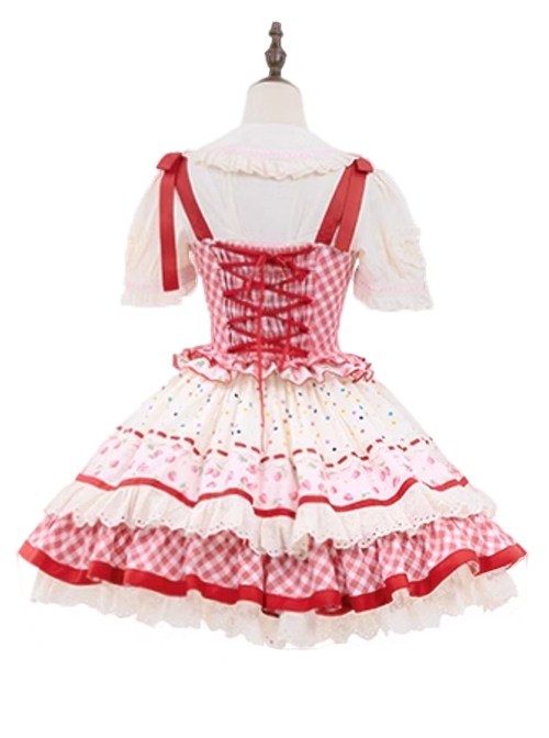 Strawberry Patchwork Series Pastoral Style Cute Red Plaid Floral Sweet Lolita Dress Apron Triangle Scarf Bag Set