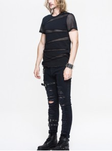 Punk Style Personality Pure Cotton Knitted Splicing Irregular Seam Mesh Black Daily Short Sleeved T-Shirt