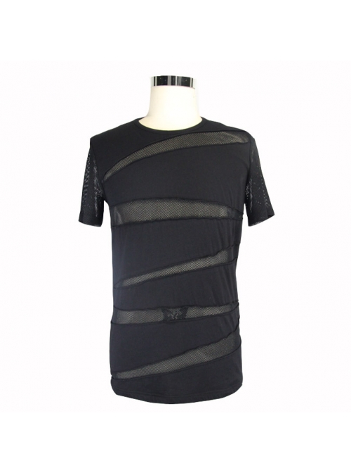 Punk Style Personality Pure Cotton Knitted Splicing Irregular Seam Mesh Black Daily Short Sleeved T-Shirt