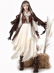 Halloween Show Witch Brown Adventurer Wasteland Style Exotic Punk Lolita Dress Costumes Vest Tassel Cloak Set