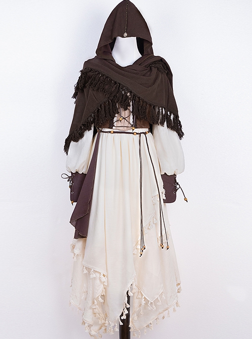 Halloween Show Witch Brown Adventurer Wasteland Style Exotic Punk Lolita Dress Costumes Vest Tassel Cloak Set