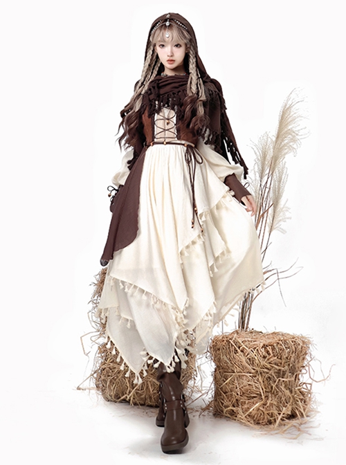 Halloween Show Witch Brown Adventurer Wasteland Style Exotic Punk Lolita Dress Costumes Vest Tassel Cloak Set