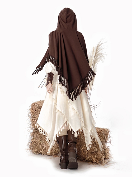 Halloween Show Witch Brown Adventurer Wasteland Style Exotic Punk Lolita Dress Costumes Vest Tassel Cloak Set