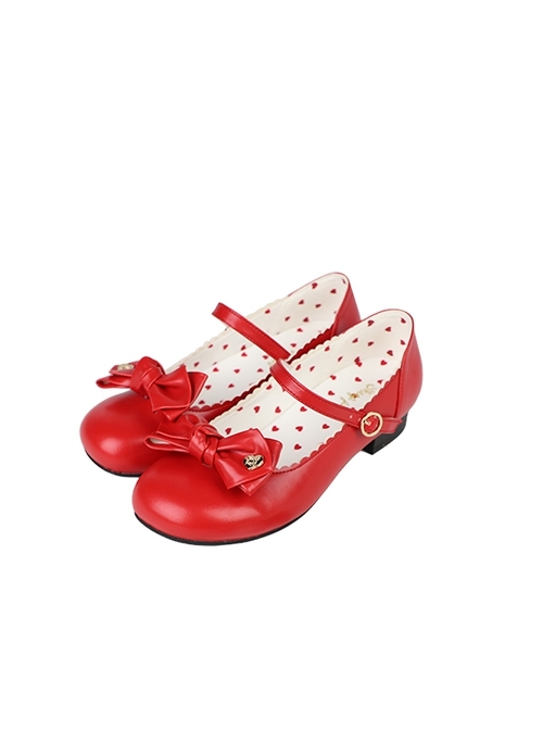 Valentine Day Limited Series Red Bowknot Heart Polka Dot Pattern Lining Sweet Lolita Round Toe Low Heel Mary Jane Shoes