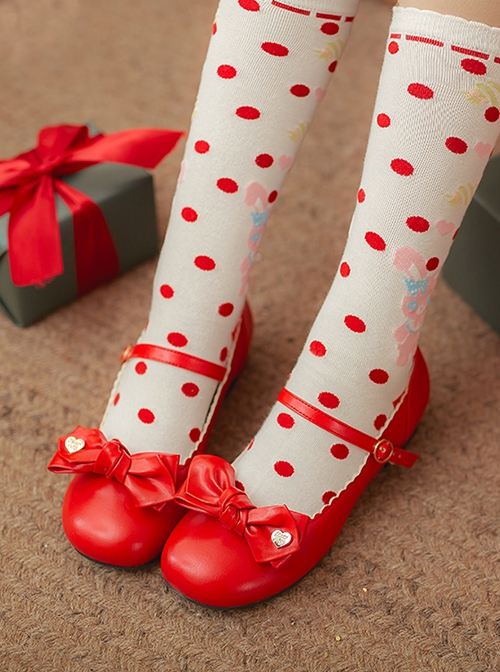 Valentine Day Limited Series Red Bowknot Heart Polka Dot Pattern Lining Sweet Lolita Round Toe Low Heel Mary Jane Shoes