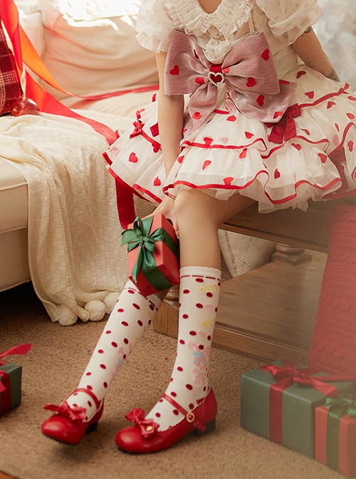 Valentine Day Limited Series Red Bowknot Heart Polka Dot Pattern Lining Sweet Lolita Round Toe Low Heel Mary Jane Shoes