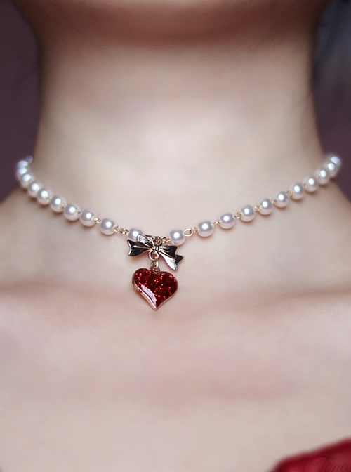 Baroque Style Elegant Red Love Ruby Flash Diamond Bowknot Pearl Sweet Lolita Clavicle Chain Necklace