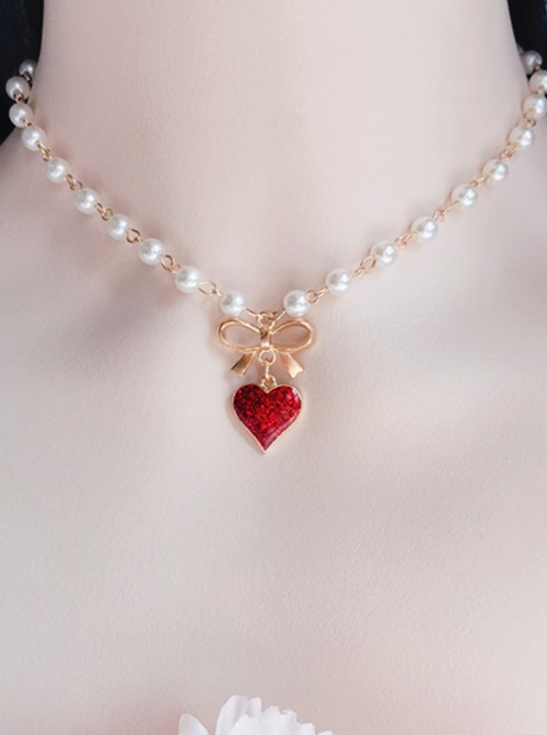 Baroque Style Elegant Red Love Ruby Flash Diamond Bowknot Pearl Sweet Lolita Clavicle Chain Necklace