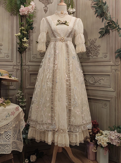 Sally Garden Series Apricot Retro Elegant Gorgeous Mesh Yarn Embroidery Classic Lolita Empire Style Puff Sleeves Dress