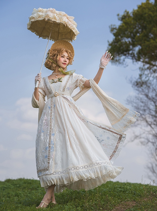 Sally Garden Series Apricot Retro Elegant Gorgeous Mesh Yarn Embroidery Classic Lolita Empire Style Puff Sleeves Dress