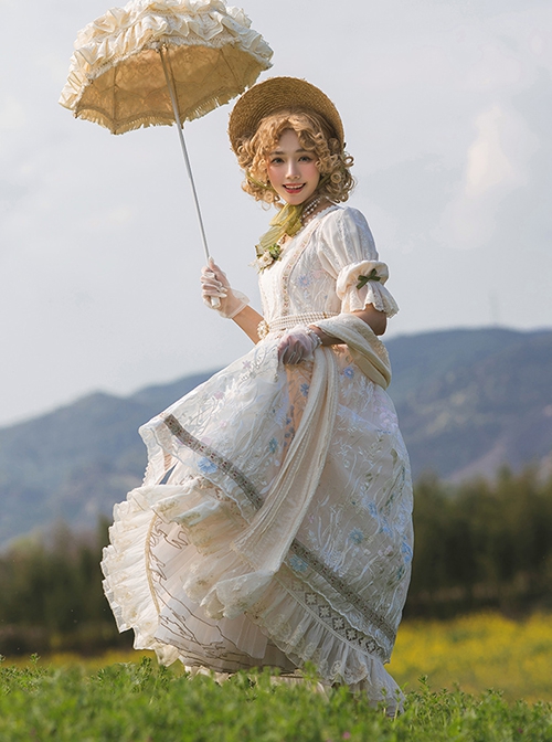 Sally Garden Series Apricot Retro Elegant Gorgeous Mesh Yarn Embroidery Classic Lolita Empire Style Puff Sleeves Dress