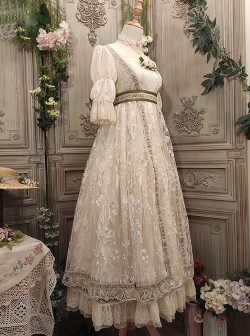 Sally Garden Series Apricot Retro Elegant Gorgeous Mesh Yarn Embroidery Classic Lolita Empire Style Puff Sleeves Dress