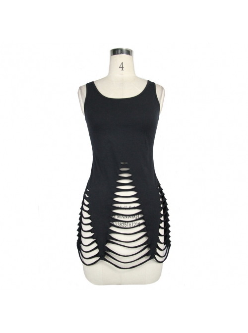 Punk Style Stretch Knit With Ripped Hem Black Backless Sleeveless T-Shirt