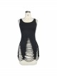 Punk Style Stretch Knit With Ripped Hem Black Backless Sleeveless T-Shirt