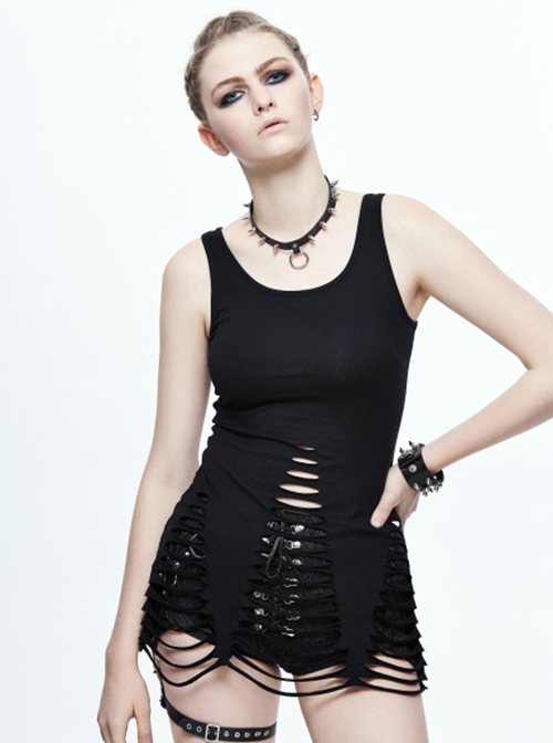 Punk Style Stretch Knit With Ripped Hem Black Backless Sleeveless T-Shirt