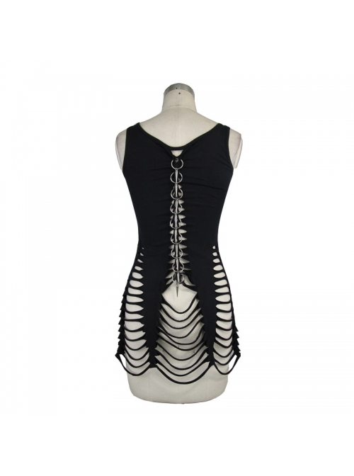 Punk Style Stretch Knit With Ripped Hem Black Backless Sleeveless T-Shirt